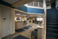 interior hotel stratford finished with blue and tan carpet blue stairs